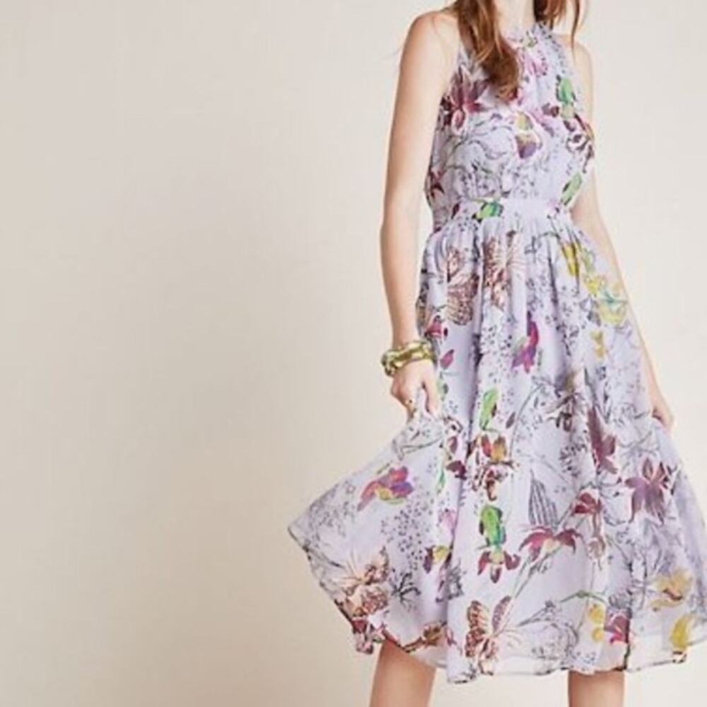 Anthropologie Purple Floral Sleeveless Flowy Ruffle Hermia Midi‎ Dress Size 10